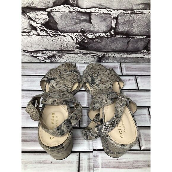 Cole Haan Grand OS Taupe Shimmer Leather Open Block Heel Sandals 5B US/35.5EU - Picture 9 of 16